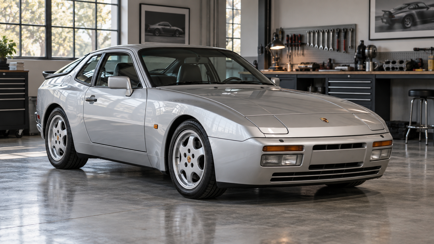 Silver Porsche 944 Turbo in a classic-car workshop