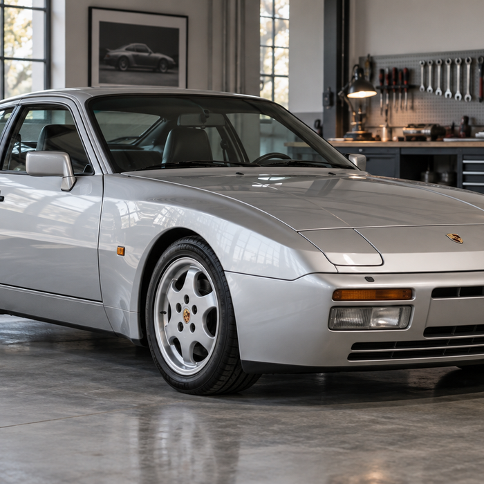 Silver Porsche 944 Turbo in a classic-car workshop
