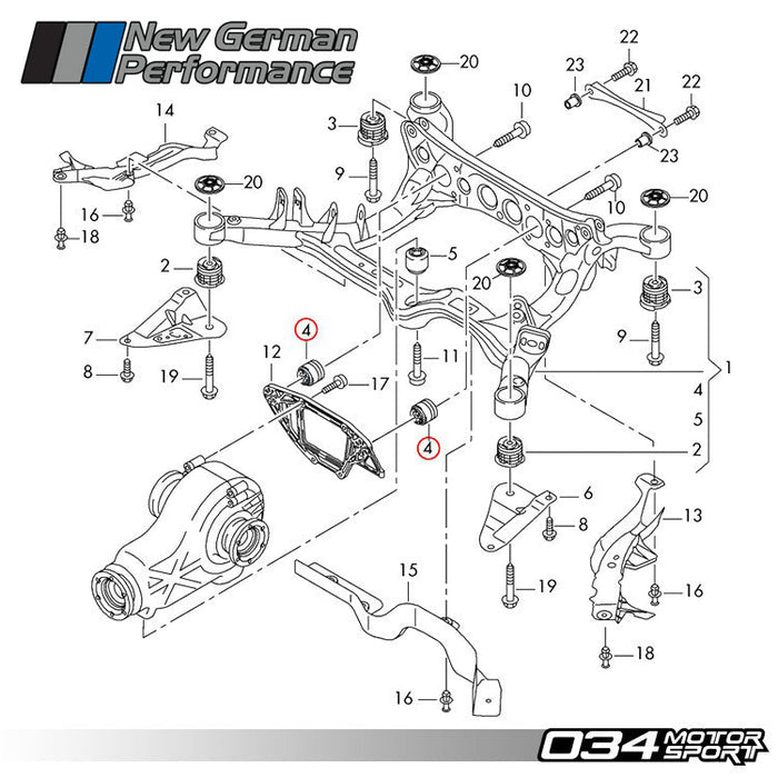 034Motorsport Billet Aluminum Rear Differential Carrier Mount Insert Kit, B8 Audi A4/S4/RS4, A5/S5/RS5, Q5/SQ5 and C7 Audi A6/S6/RS6, A7/S7/RS7