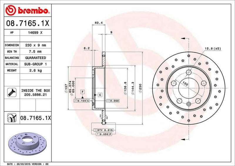 Audi VW Brembo Disc Brake Rotor – Rear (232mm) (Cross-Drilled)