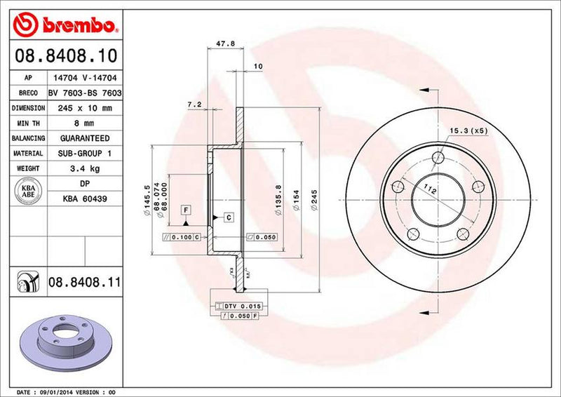 Audi VW Brembo Disc Brake Rotor – Rear (245mm) 8D0615601A