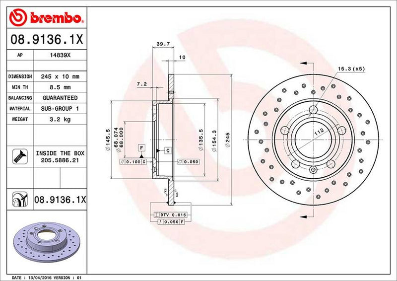 Audi Brembo Disc Brake Rotor – Rear (245mm) 8E0615601P