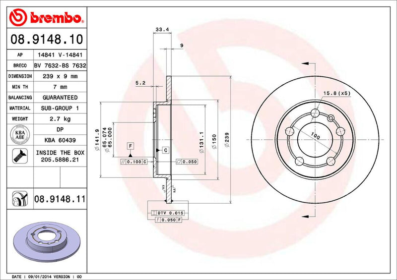 Audi Brembo Disc Brake Rotor – Rear (239mm) 1J0615601D