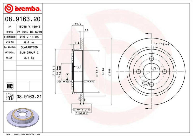 Mini Brembo Disc Brake Rotor – Rear (259mm) 34216774987