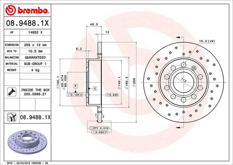 VW Brembo Disc Brake Rotor – Rear (260mm) (Cross-Drilled) 1K0615601AJ