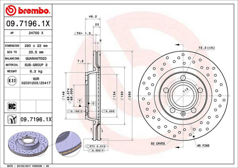 Audi Brembo Disc Brake Rotor – Rear (280mm) (Cross-Drilled) 8E0615301P