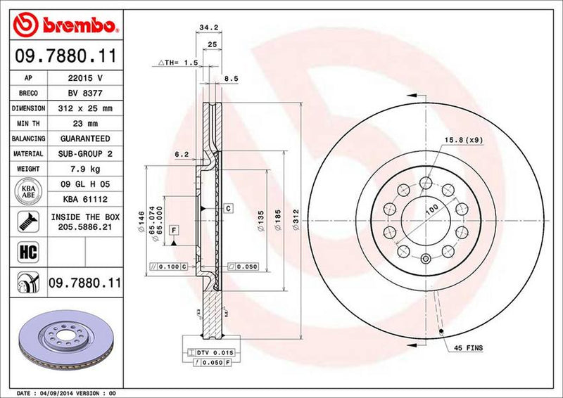 Audi VW Brembo Disc Brake Rotor – Front (312mm) 8N0615301A