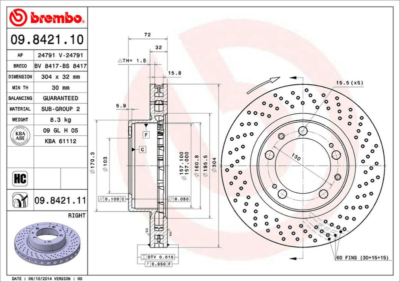 Porsche Brembo Disc Brake Rotor – Front Passenger Side (304mm) 99335104401