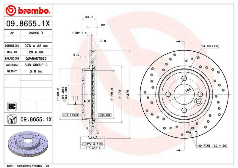 Brembo Front Brake Rotor - Cross Drilled 10.86" (276x22) 09.8655.1X