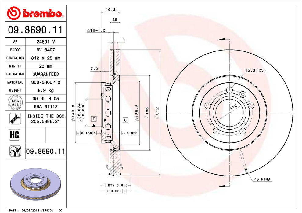 Audi Brembo Disc Brake Rotor – Front (312mm) 8E0615301R