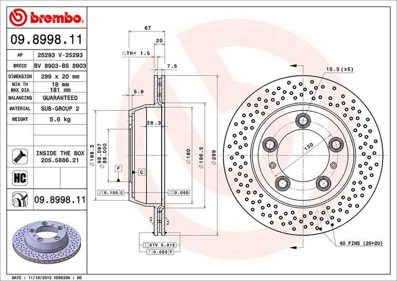 Porsche Brembo Disc Brake Rotor – Rear (299mm) 98735240101