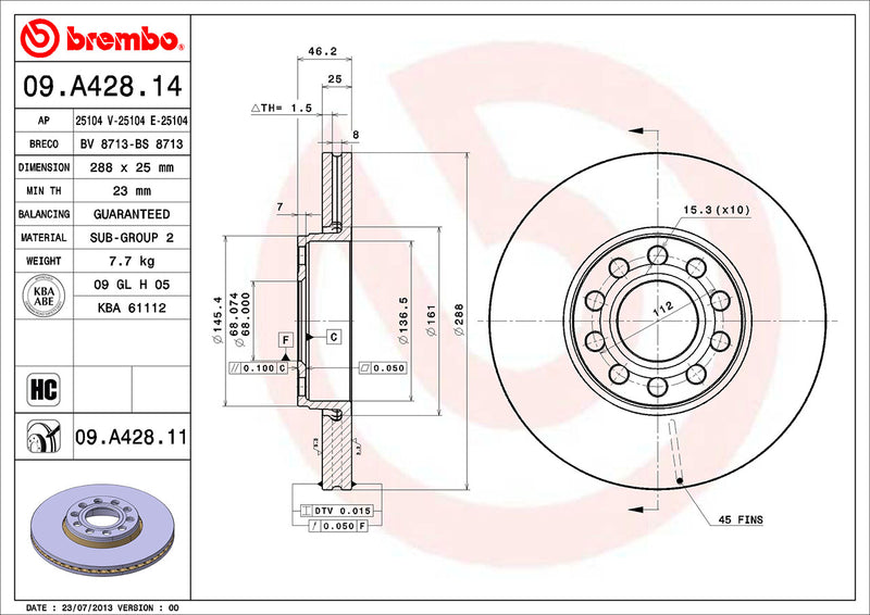 VW Brembo Disc Brake Rotor – Front (288mm) 4B0615301B