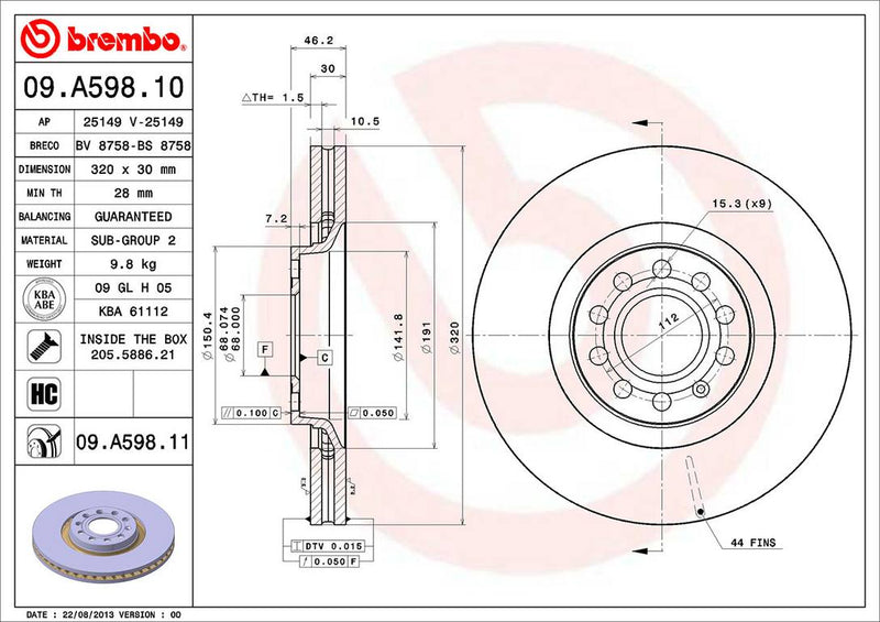 Audi Brembo Disc Brake Rotor – Front (320mm) 8E0615301AD