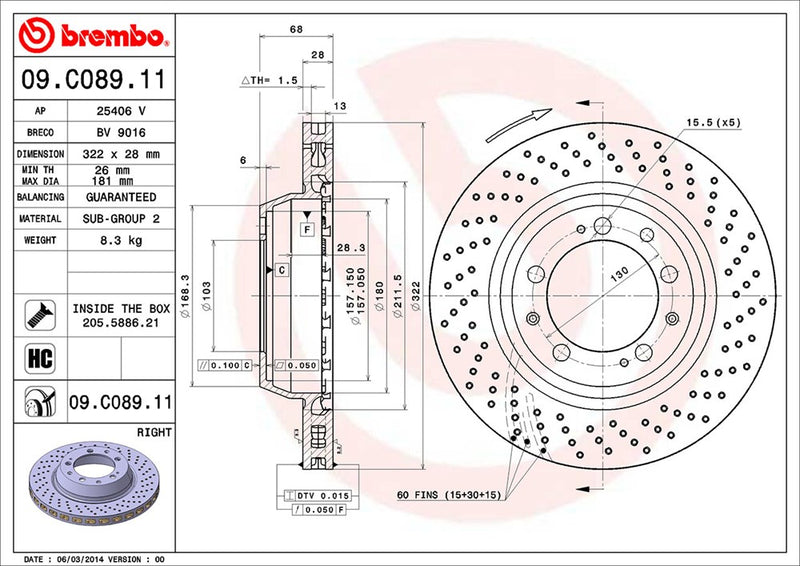 Porsche Brembo Disc Brake Rotor – Rear Passenger Side (322mm) 99335204600