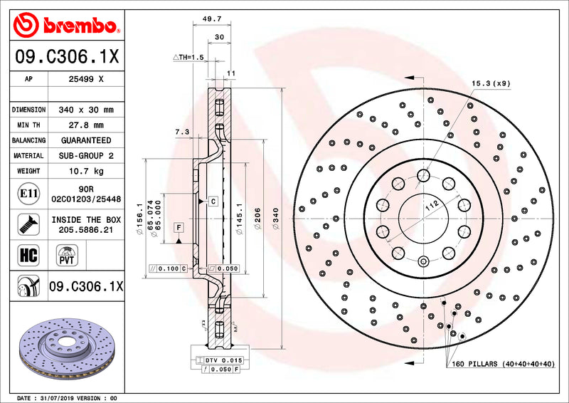 Audi VW Brembo Disc Brake Rotor – Front (340mm) (Xtra) 8S0615301D