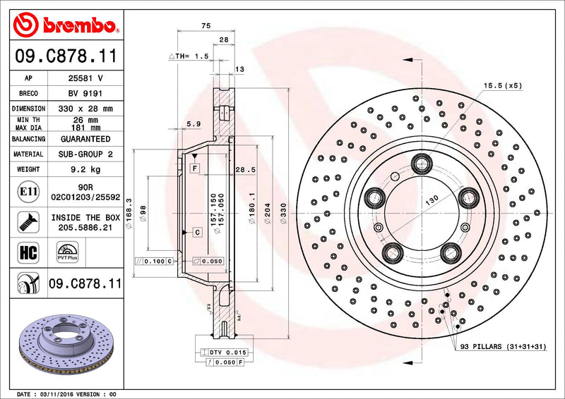 Porsche Brembo Disc Brake Rotor – Rear (330mm) (Cross-Drilled) 99635240603