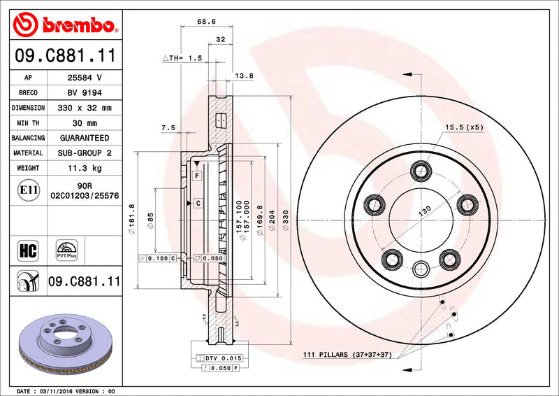 Porsche VW Brembo Disc Brake Rotor – Front (330mm) 7L6615302P