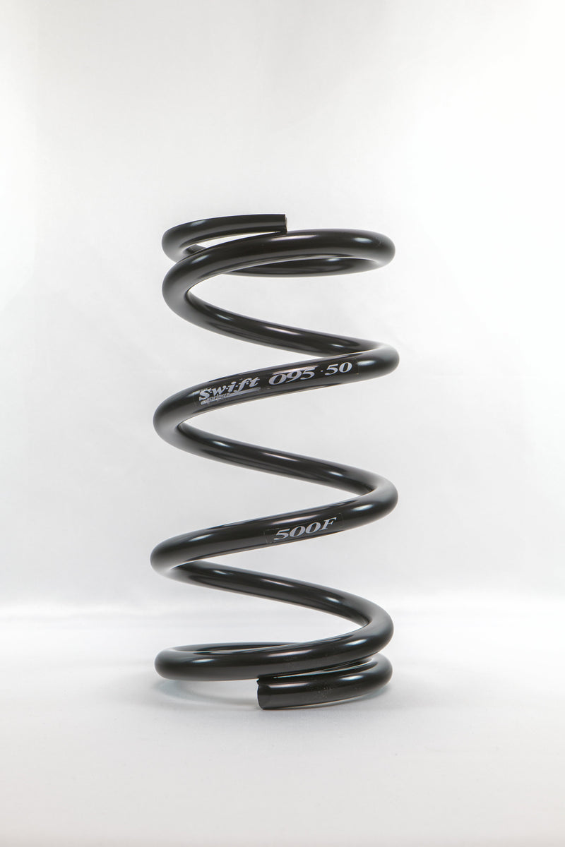 Coil Spring - Conventional - High Travel - 5 in OD - 9.5 in Length - 500 lb/in Spring Rate - Front - Steel - Black Powder Coat - Each