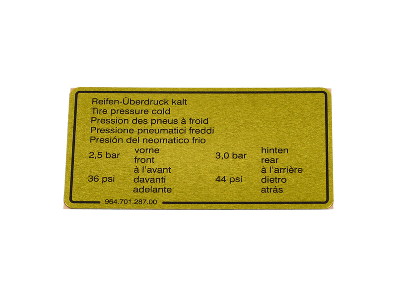 Tire pressure sticker for Porsche 944 (1990-1991)