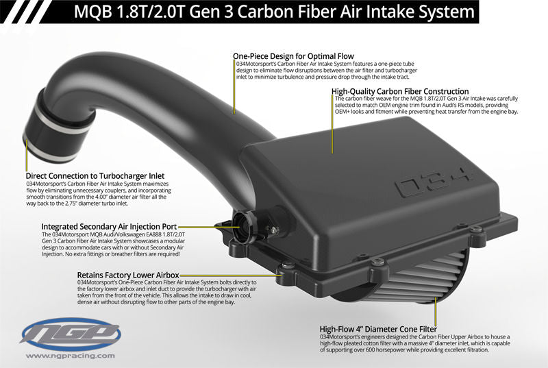 034 Motorsport - X34 Carbon Fiber Cold Air Intake System - VW Mk7 MQB Chassis / Audi 8V Chassis A3/S3 / Mk3 TT 2.0T