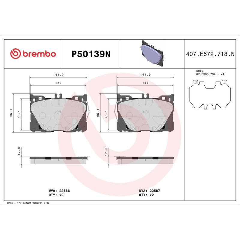 BREMBO CERAMIC Brake Pad Set P50139N