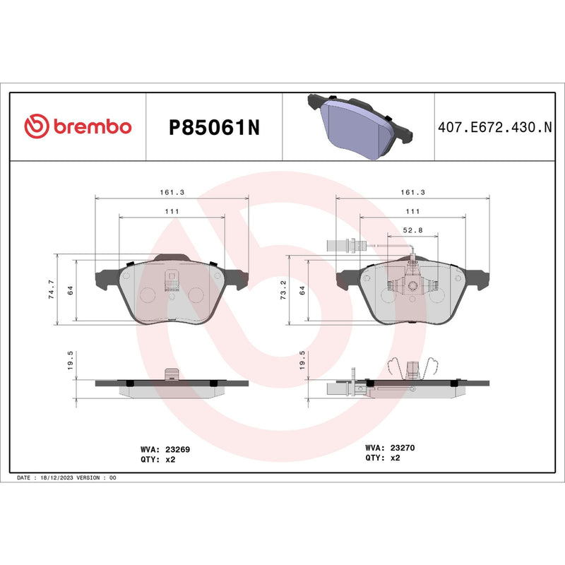 BREMBO Ceramic Front Disc Brake Pad Set - P85061N