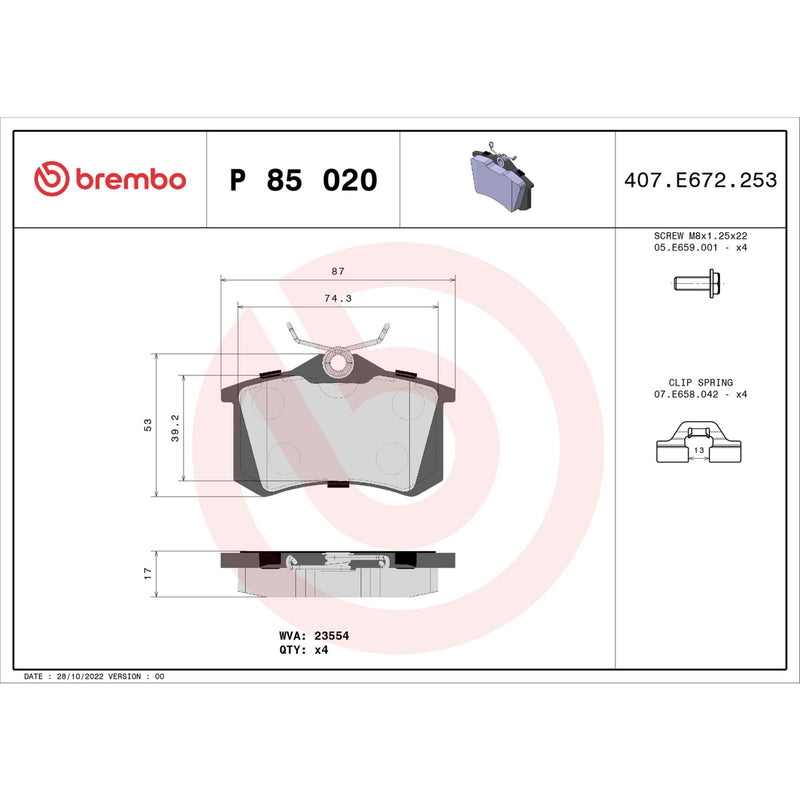 Brembo Brake Pad Set P85020