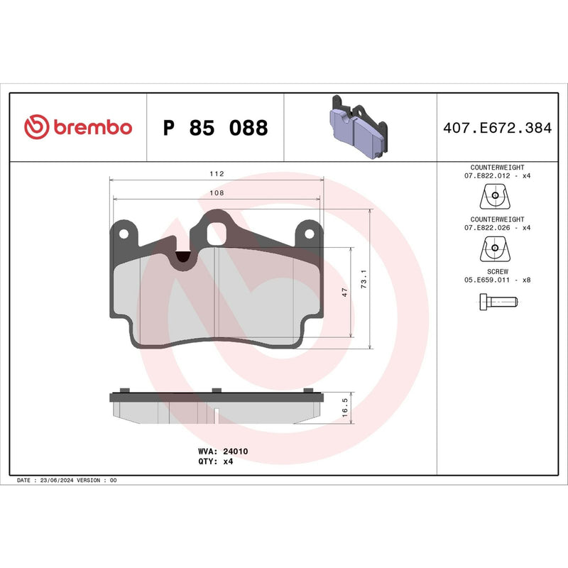 BREMBO Brake Pad Set P85088