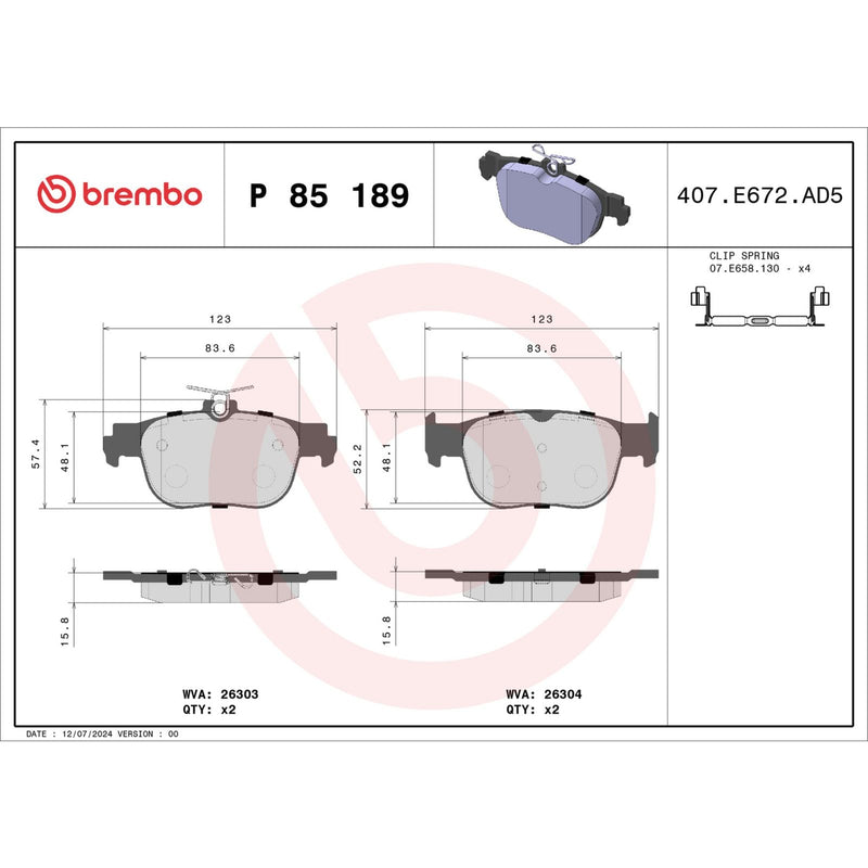 BREMBO Brake Pad Set P85189