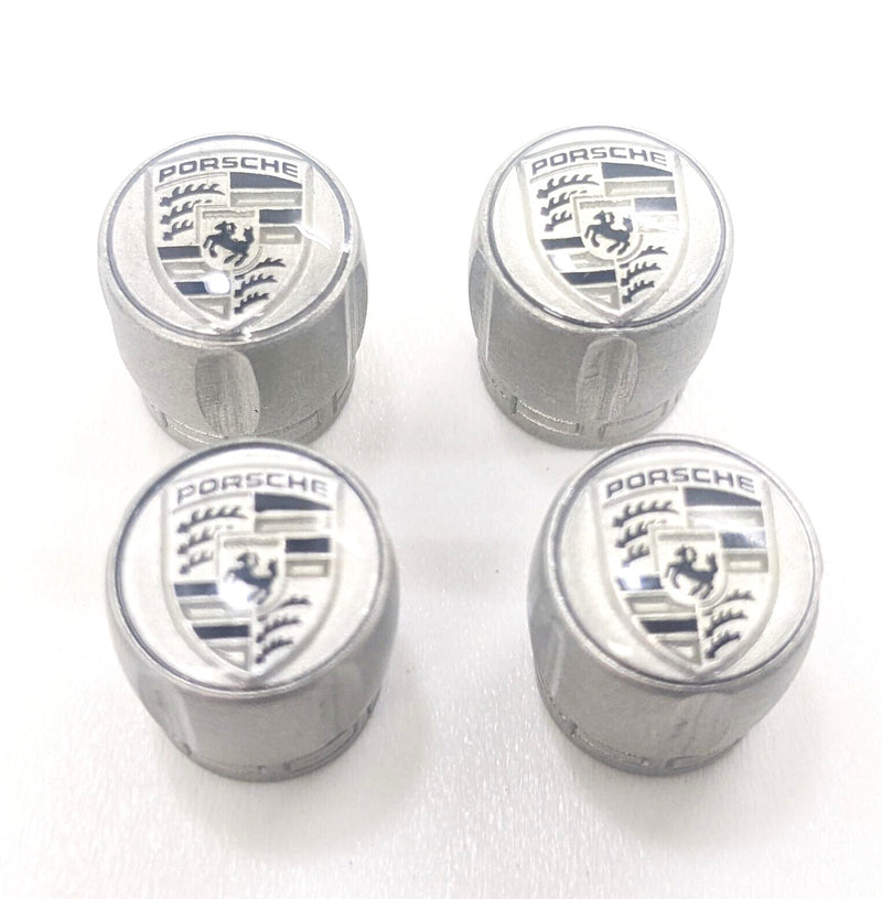 Black Porsche Crest Silver Valve Stem Caps - Set of Four